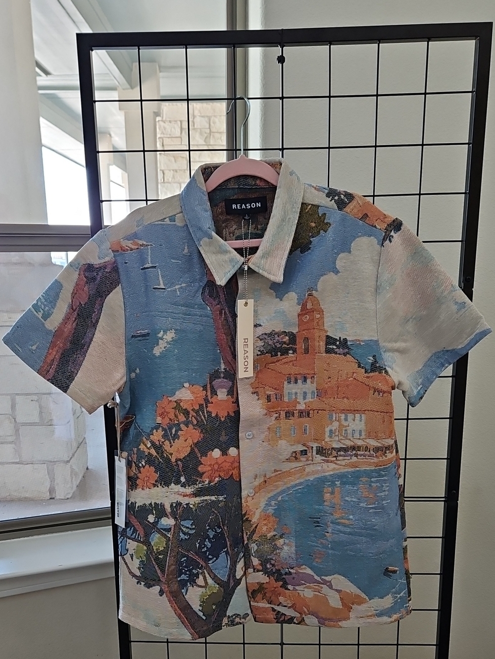 REASON Men's Short-Sleeve Scenic tapestry Button-Down Shirt in Blue and Orange